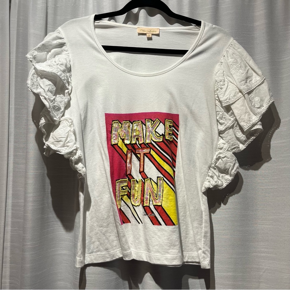 White Tee with Ruffled Sleeves and Sequined Graphic